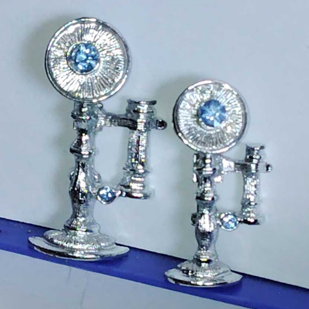Set Of Two Candlestick Phone Telephone Brooches Silver Tone & Bllue Rhinestones
